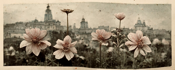 A vintage photo of poppies in the grass with a cityscape in the background