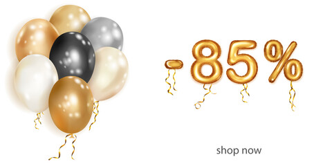 Discount creative illustration with white, black and gold helium flying balloons and golden foil numbers. 85 percent off. Sale poster with special offer on white background