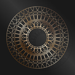 Decorative openwork round frame with gold abstract pattern on black background. Circular ornament. 