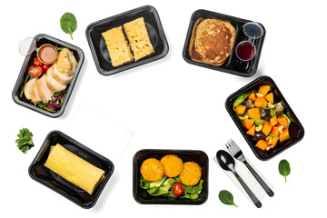 Delivery of healthy food in takeaway restaurants for daily meals on a white background, isolated on white