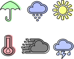 Modern weather icon set. Flat vector characters on a dark background.