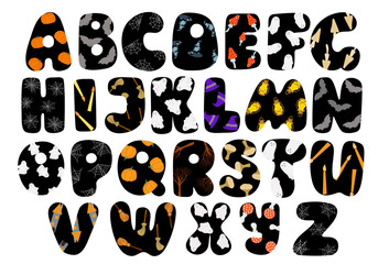 Halloween abc letters decorated with spider web, bats, house, candle, ghost, broom, pumpkin, hat, mushroom for poster, home or party decor, autumn holiday celebration Latin alphabet lettering
