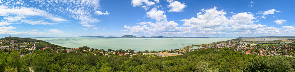 Wide panorama of Lake Balaton, Hungary on a summer day. View is from watchtower on hill 