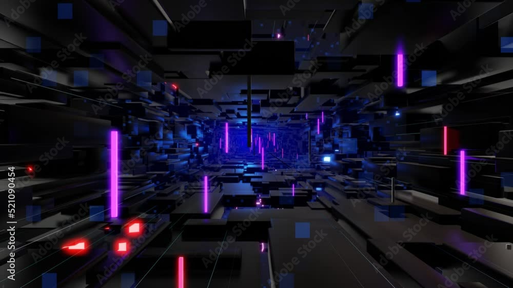 Poster tunnel with neon light. sci-fi bg fly through tech digital space. concept of hi-tech information flo