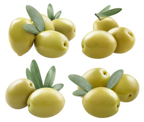 Collection of delicious green olives with leaves, isolated on white background
