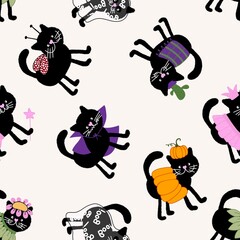 Halloween black cats seamless pattern for clothes print and wrapping and accessories and fabrics and kids and festive