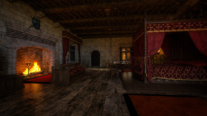 Medieval castle bedroom with four poster bed and open fireplace and burning fire. 3D rendering.