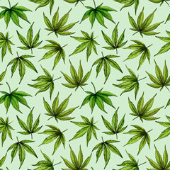 Naklejka na ściany i meble Seamless pattern of green cannabis leaves on a green background. Green hemp leaves. Hand drawn illustration.The seamless cannabis leaf pattern.marijuana pattern
