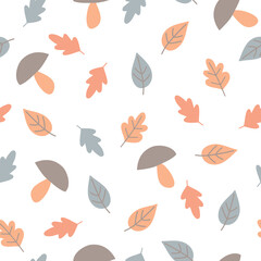 Seamless pattern with mushrooms and leaves. Autumn background. Vector illustration.