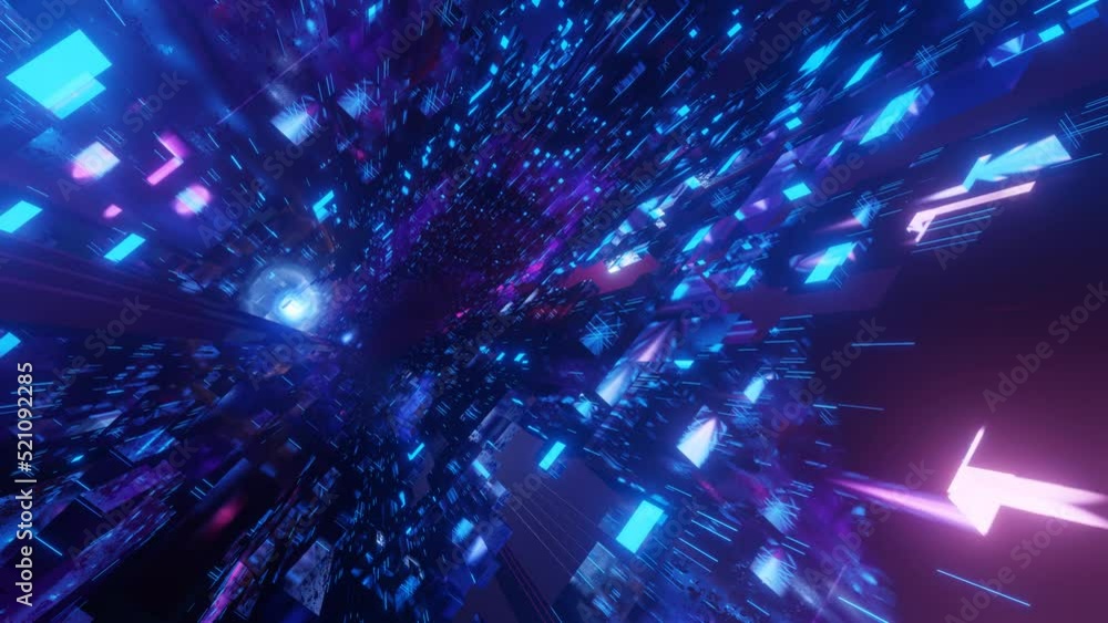 Poster fly through technology cyberspace with neon glow. sci-fi constructions, mysterious 3d objects in fog