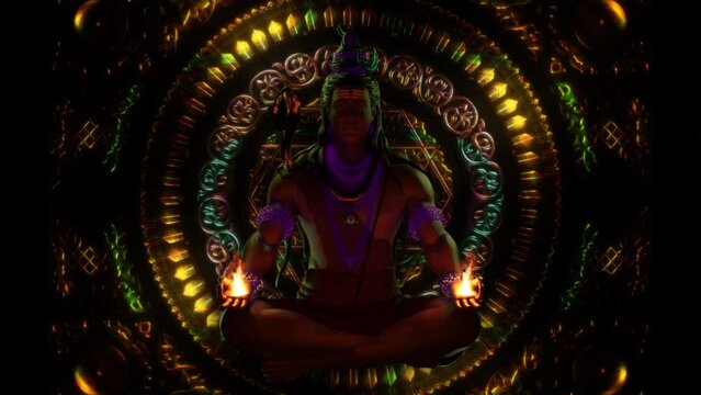 Hindu Ancient God Meditation Art creating Fire 4k Glowing Background 3d Pattern Lord Shiva Vj Loop Trippy Yoga Animation 