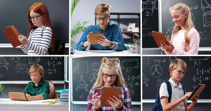 Collage of diverse many happy teen kids tapping on devices learning onling at school. Elementary school, junior students using gadgets. Girls and boys typing on tablet online in classroom Split screen