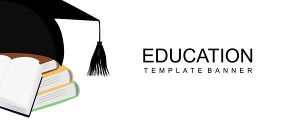 Education banner template vector illustration. Books and Square academic cap. Graduation Ceremony Graphics Education, Mastery.