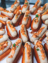 Catering table, beautifully decorated banquet with variety selection of different food snacks and appetizers on corporate birthday party event or wedding celebration, delicatessen setting