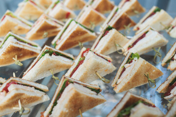 Catering table, beautifully decorated banquet with variety selection of different food snacks and appetizers on corporate birthday party event or wedding celebration, delicatessen setting