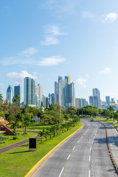 view of balboa avenue in panama city panama central america with the skyline of skyscrapers in the background