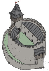 The vectorized hand drawing of an old stone castle - 521093280
