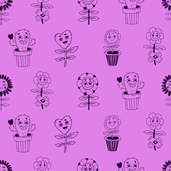 Retro seamless pattern with groovy element. Cartoon characters with faces funky flower power with patch, daisy flowers, cactus flower pot on purple backgroundin. Vector linear hand drawn doodle style.