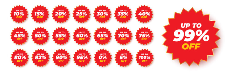 Set of vector red sticker promotion discount rates. Simple flat style labels, stickers.