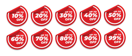 Set of vector red sticker promotion discount rates. Simple flat style labels, stickers.