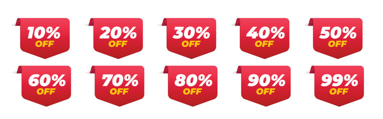 Set of vector red sticker promotion discount rates. Simple flat style labels, stickers.