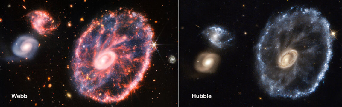 The Cartwheel Galaxy ESO 350-40. Webb and Hubble space telescopes comparisons visual gains. Elements of this picture furnished by NASA