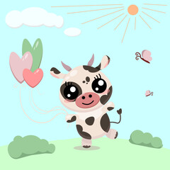 Cow in fores with balloons and butterfly in sunny day cartoon illustration