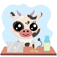 Cow working with laptop, milk and cookies cartoon illustration