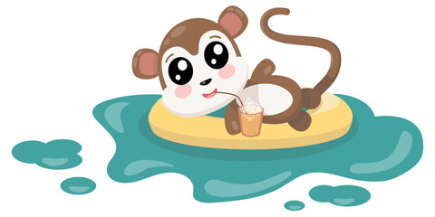 Monkey resting in pool with drink cartoon illustration