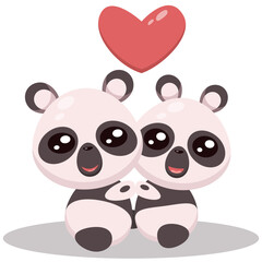 Two pandas cuddle cartoon illustration for valentines day with red heart
