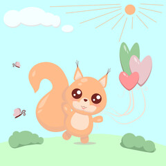 Squirrel in fores with balloons and butterfly in sunny day cartoon illustration