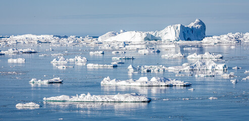 Expanse of  large icebergs in the icefjord at Ilulissat, Greenland