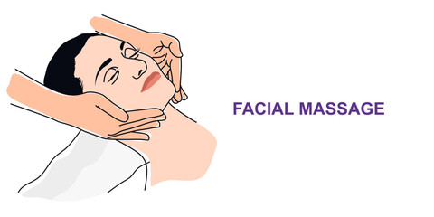 Facial massage vector. Facial massage banner template with space for text. Young woman having anti aging massage, beauty facial procedure, spa therapy vector Illustration on a white background