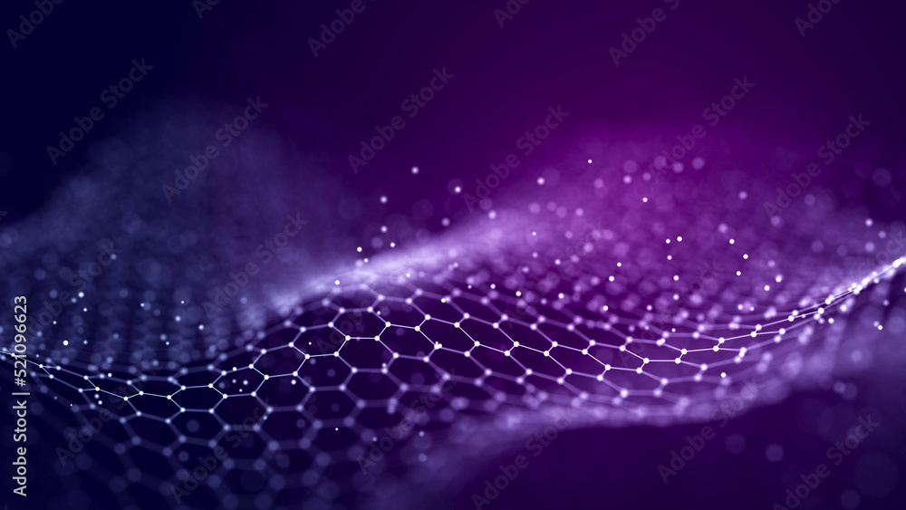 Poster abstract digital data background. wave with moving dots. musical stream of sounds. 3d rendering.