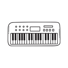 Hand drawn synthesizer doodle. Musical keyboard, musical instrument in sketch style. Vector illustration isolated on white background