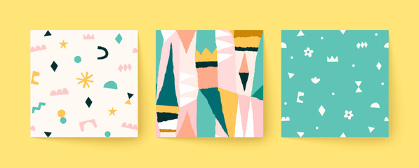 Set of cute seamless patterns in scandinavian style. Hand drawn contemporary art collages with abstract shapes.