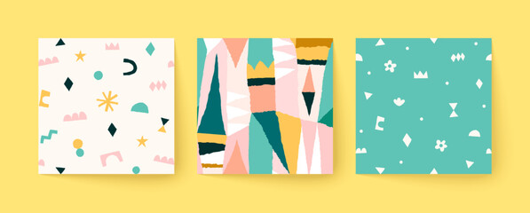 Obraz premium Set of cute seamless patterns in scandinavian style. Hand drawn contemporary art collages with abstract shapes.