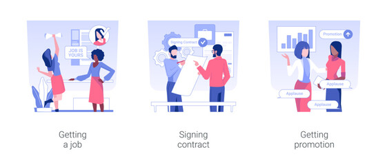 Career growth isolated concept vector illustration set. Getting a job, employee signing new job contract, getting promotion, headhunting agency, pursue career, staffing plan vector cartoon.