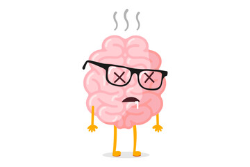 Cartoon unhealthy human brain dead. Death central nervous system mascot with glasses and crosses instead eyes. Human mind organ character feeling unwell and died. Vector eps illustration