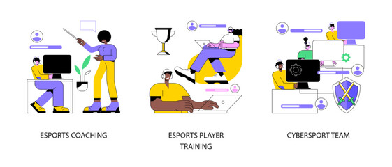 Video games abstract concept vector illustration set. Esports coaching, player training, cybersport team, computer club, battle arena, e-games tournament, cybersport betting abstract metaphor.