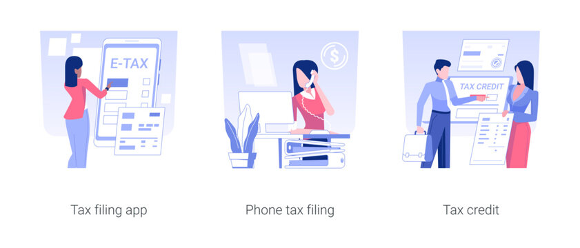 Budget planning isolated concept vector illustration set. Tax filing app, phone tax filing, credit online form, government support, money revenue, account manager, financial report vector cartoon.