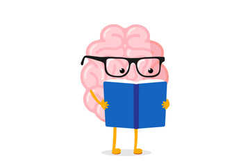 Cartoon human brain read book. Clever central nervous system mascot with glasses gain knowledge from literature. Human mind organ character learn and train intellect. Knowledge and education. Vector