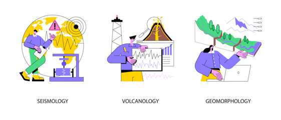 Earth science abstract concept vector illustration set. Seismology and volcanology, geomorphology university discipline, earthquake and tectonic movement, volcanic activity abstract metaphor.