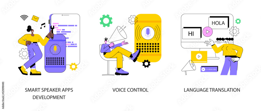 Aufkleber voice assistant abstract concept vector illustration set. smart speaker apps development, voice cont