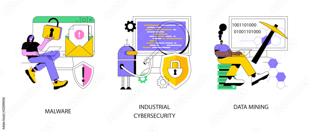 Poster spyware development abstract concept vector illustration set. malware and computer virus, industrial