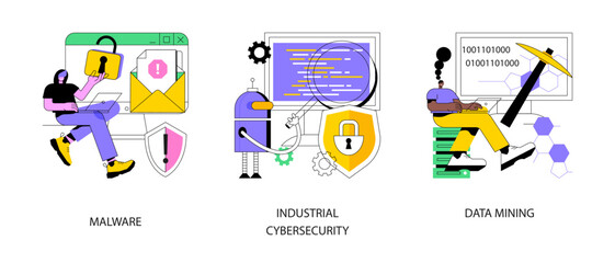 Spyware development abstract concept vector illustration set. Malware and computer virus, industrial cybersecurity, data mining, antivirus security and protection, cyber attack abstract metaphor.