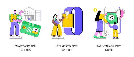Child security abstract concept vector illustration set. Smartcards for schools, GPS kids tracker watches, parental advisory music, school attendance system, parental control abstract metaphor.
