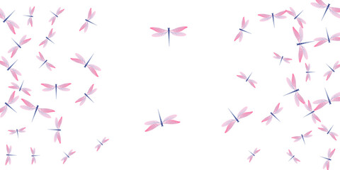 Exotic rosy pink dragonfly flat vector wallpaper. Summer colorful insects. Wild dragonfly flat fantasy illustration. Gentle wings damselflies graphic design. Garden creatures