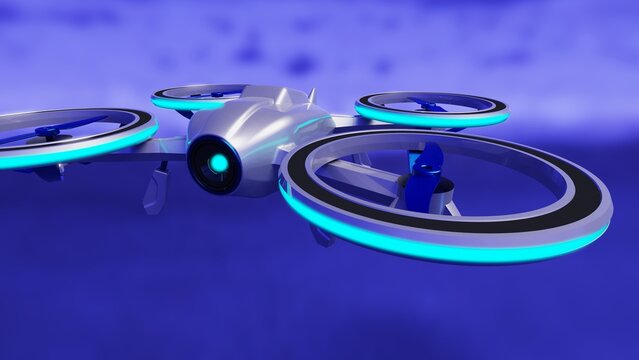Powerful metallic silver drone loaded with some of blue light, most advanced imaging and flight technologies under blue-black background. Concept image of video production. 3D CG.