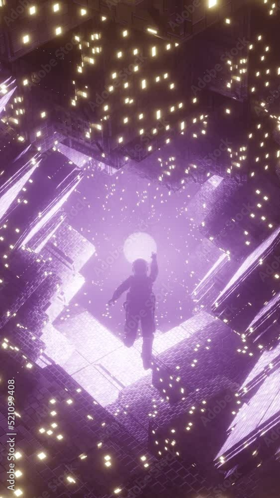 Poster space abstract tunnel with floating astronaut at corridor to the star. 3d animation loop